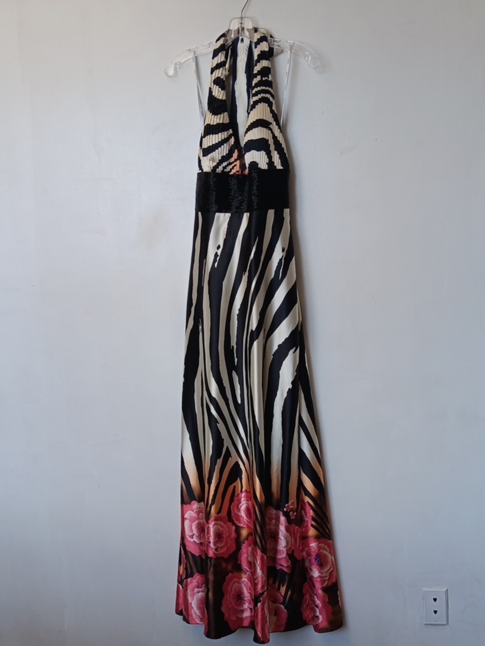 Black & White Zebra-Print Maxi Dress with Pink Floral Hem